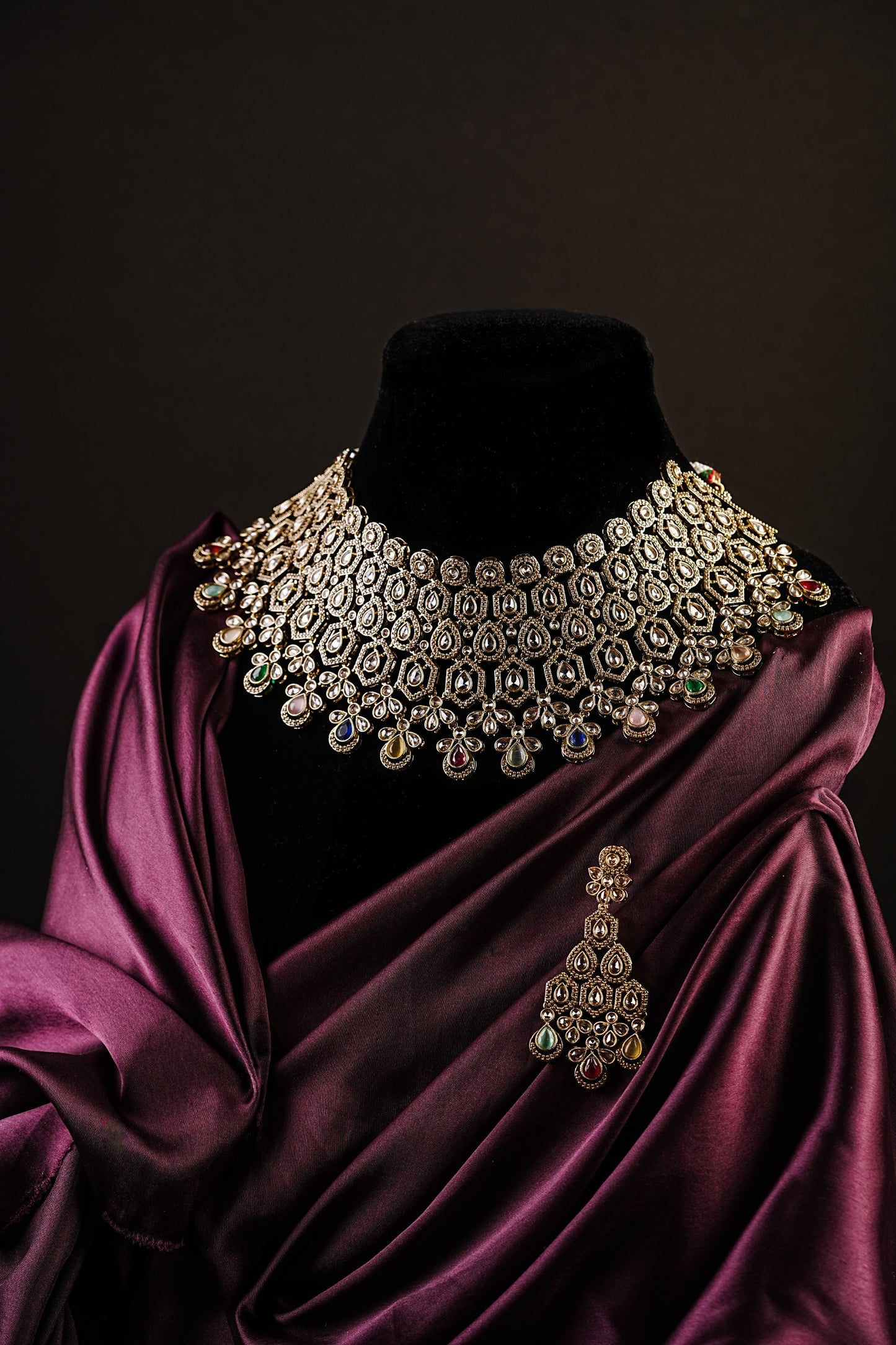 Majestic Polki Choker Necklace Set with Multicolor Gem Accents