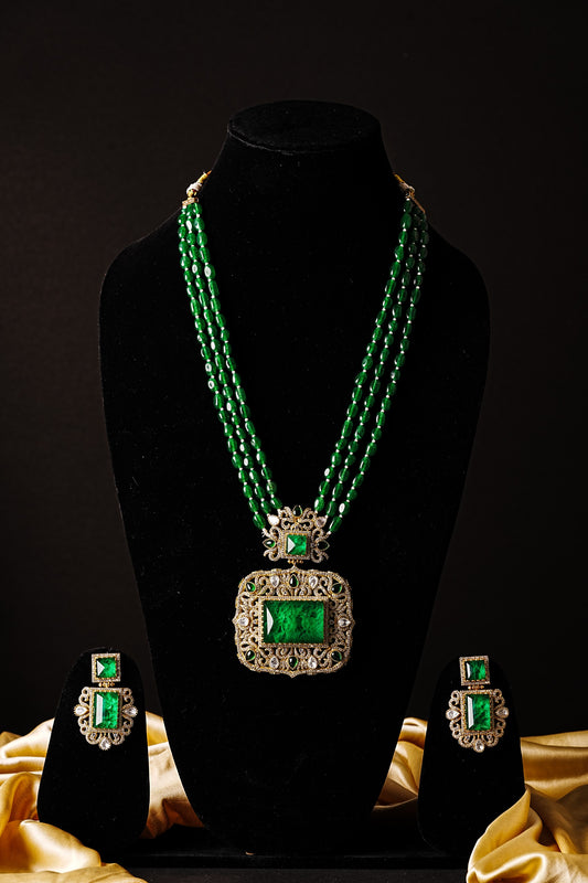 Royal Emerald Beaded Necklace Set with Statement Pendant